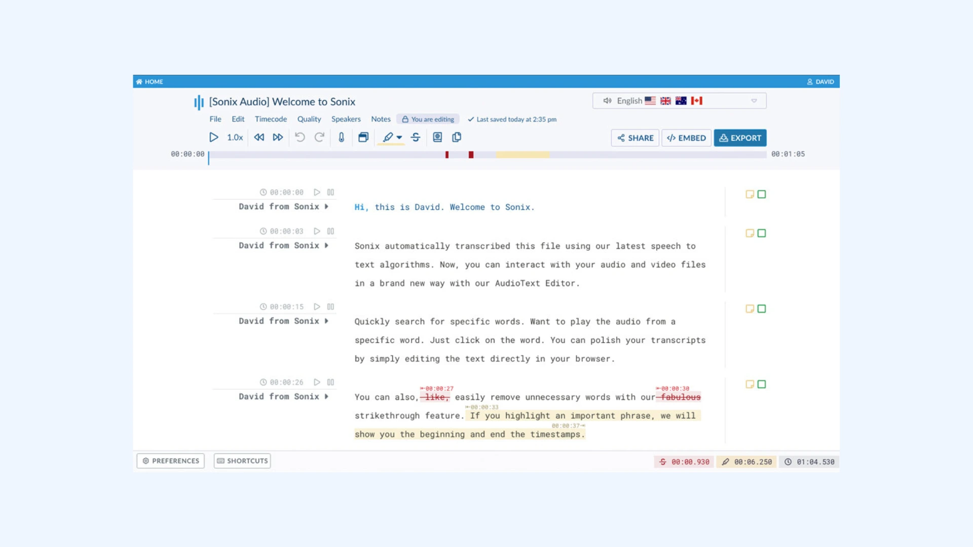 The interface of Sonix's audio-to-text converter.
